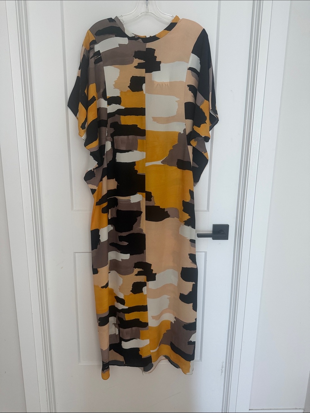 Abstract Print Midi Dress in Mustard, Black & Taupe